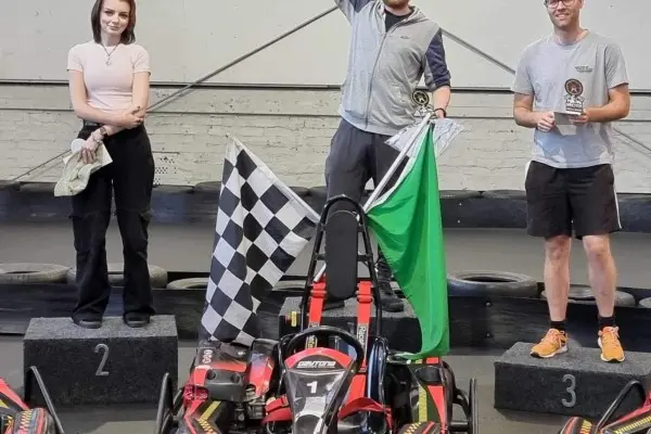 Podium with chequered flag